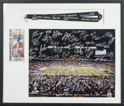 New York Giants Super Bowl XLVI Champions Multi-Signed Photo With Original Ticket Stub and Lanyard In Framed Display (Steiner)